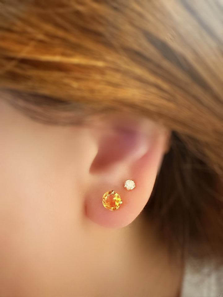 18K Solid Gold Citrine Stud Earrings: November Birthstone