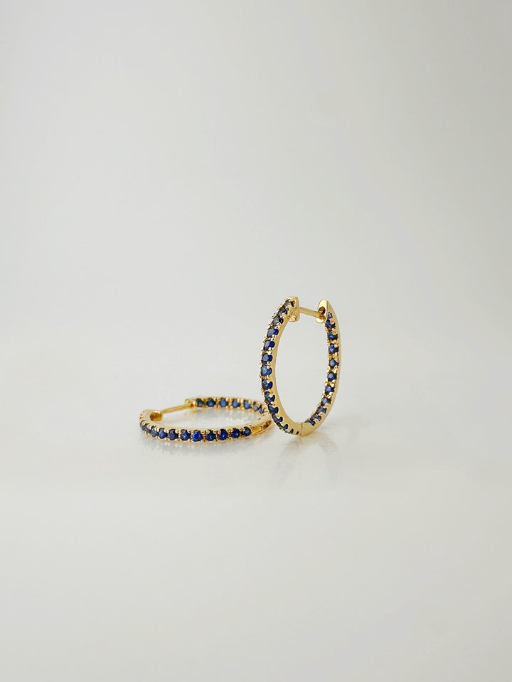 18K Solid Gold Diamond and Blue Sapphire Hoop Earrings | 0.5 CT In and Hoops | 19.5mm | Natural Diamonds & Sapphires | Fine Jewelry Gift