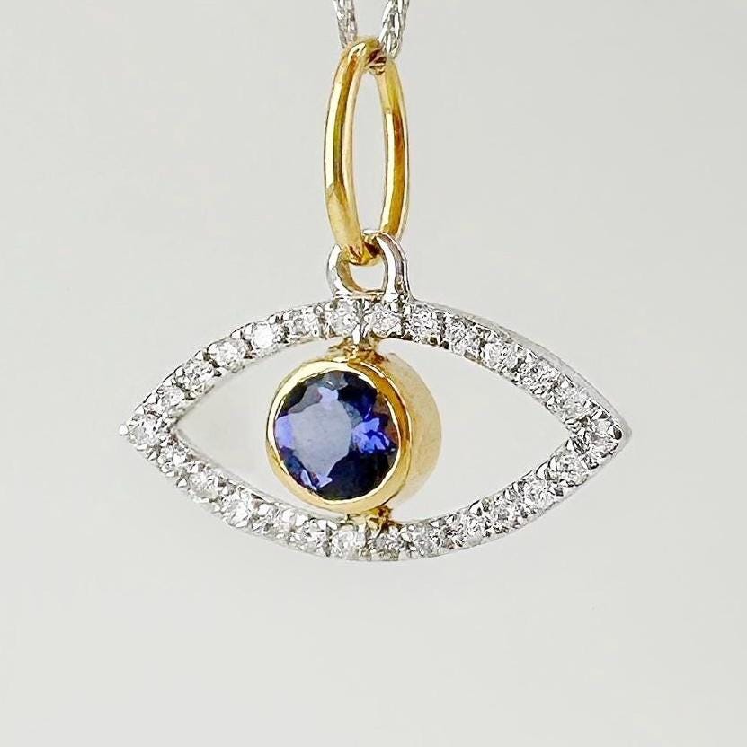 18K Solid Gold Evil Eye Natural Diamond Pendant Necklace: Natural Sapphire Center, Minimalist Jewelry