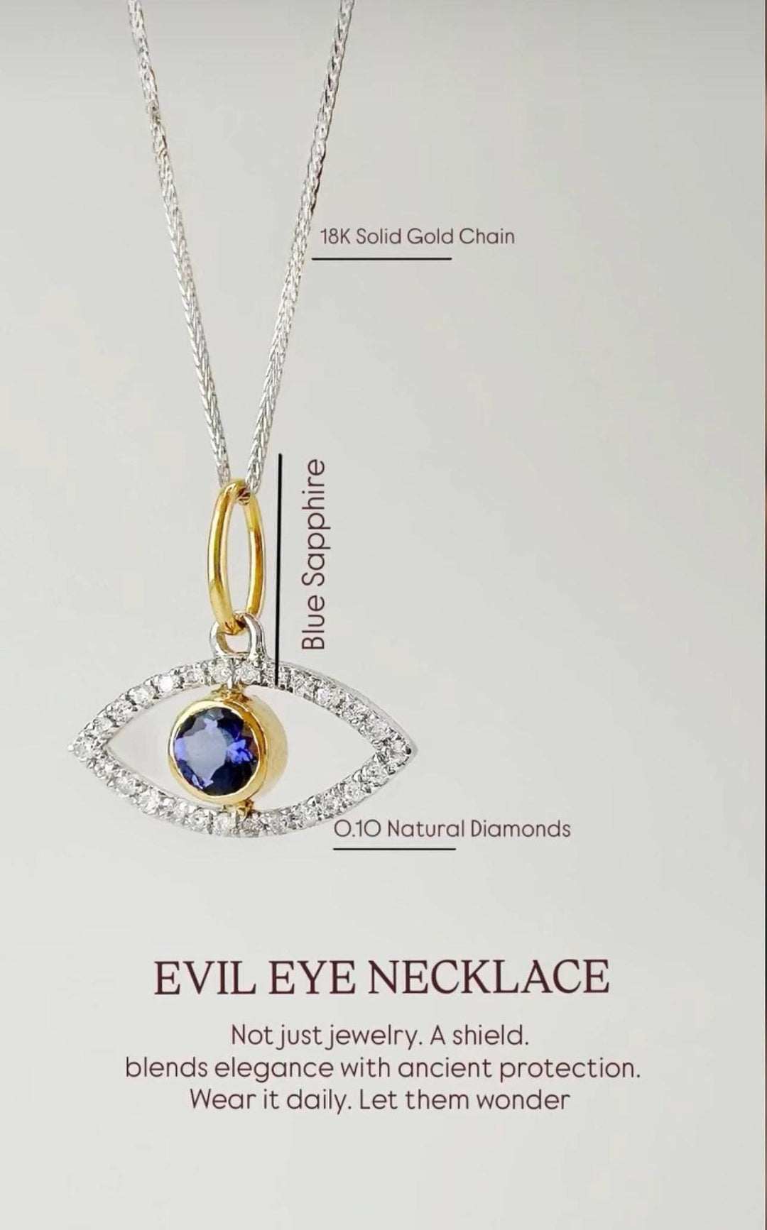 18K Solid Gold Evil Eye Natural Diamond Pendant Necklace: Natural Sapphire Center, Minimalist Jewelry