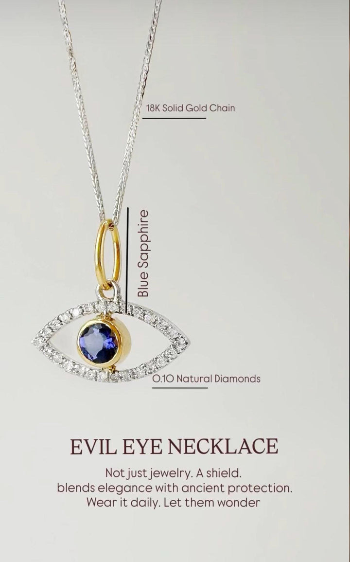 18K Solid Gold Evil Eye Natural Diamond Pendant Necklace: Natural Sapphire Center, Minimalist Jewelry