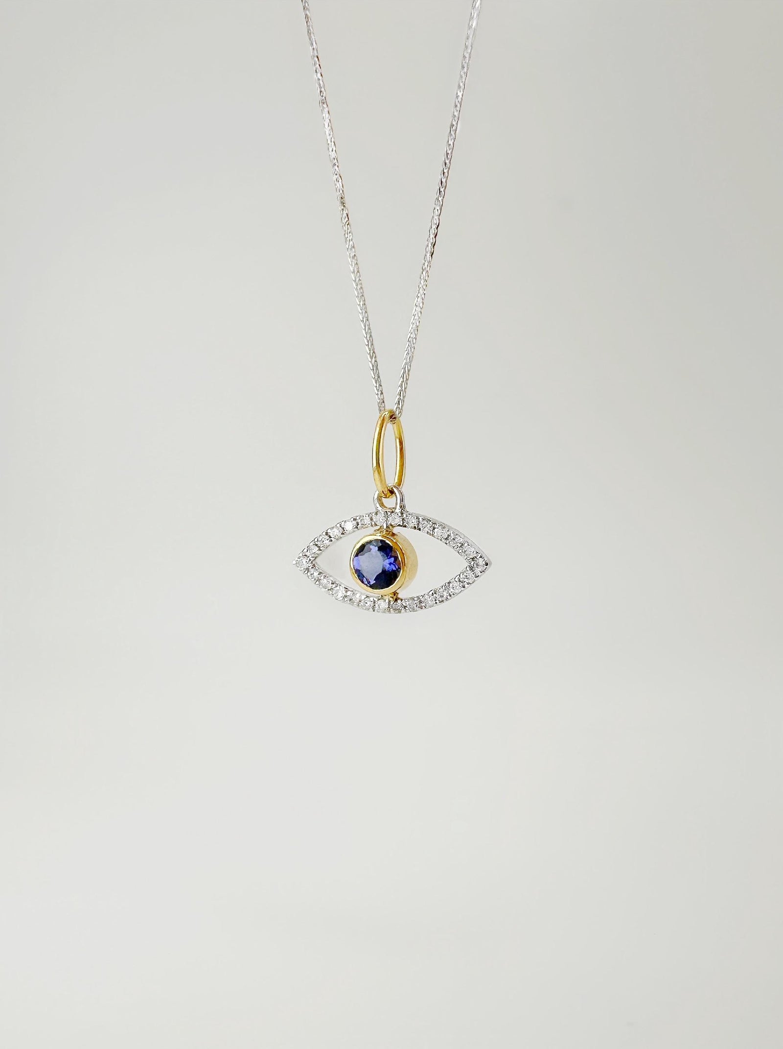 18K Solid Gold Evil Eye Natural Diamond Pendant Necklace: Natural Sapphire Center, Minimalist Jewelry