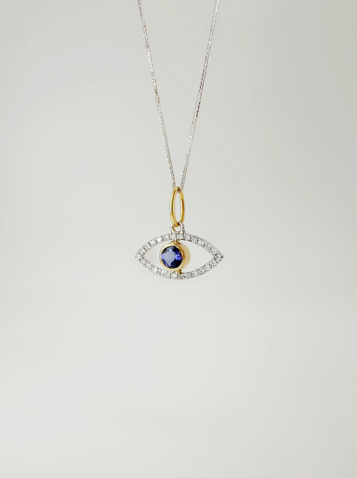 18K Solid Gold Evil Eye Natural Diamond Pendant Necklace: Natural Sapphire Center, Minimalist Jewelry