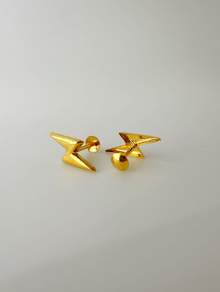 18K Solid Gold Zap | Lightning  Earrings Screw back: Minimalist Design , Stackable Earrings