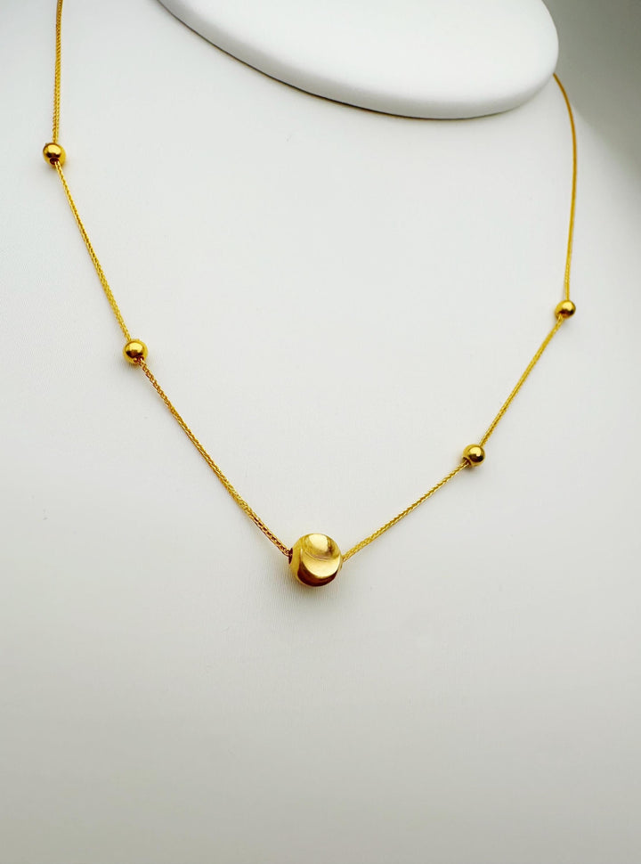 18K Solid Gold Ball Cat Eye Necklace: Dainty Chain