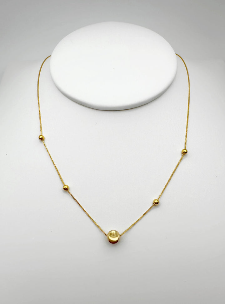 18K Solid Gold Ball Cat Eye Necklace: Dainty Chain