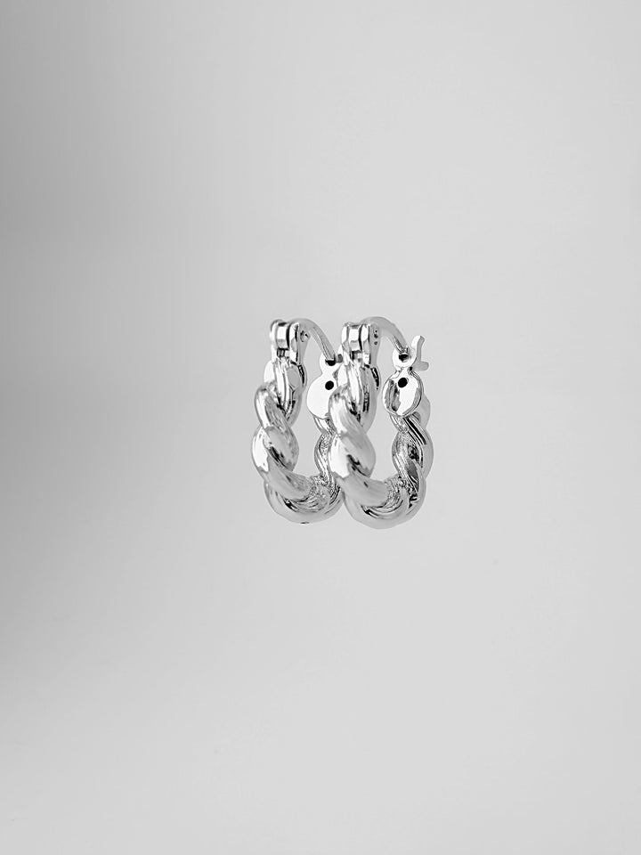 18K Solid Gold Twist Hoop Earrings - White Gold Croissant Huggies | Dainty Huggies