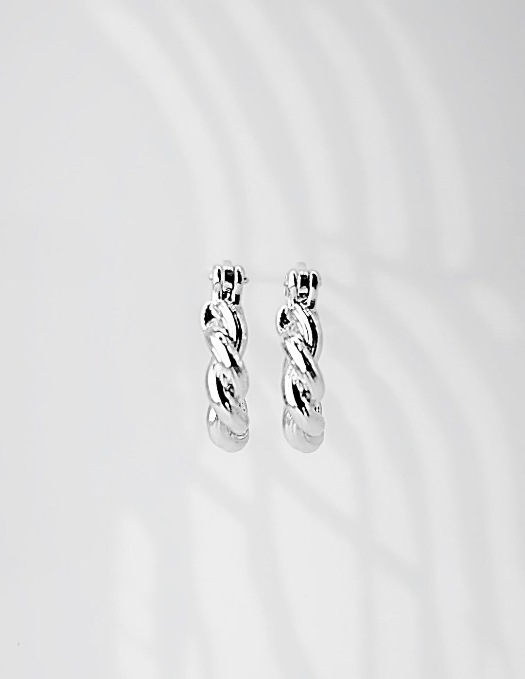 18K Solid Gold Twist Hoop Earrings - White Gold Croissant Huggies | Dainty Huggies