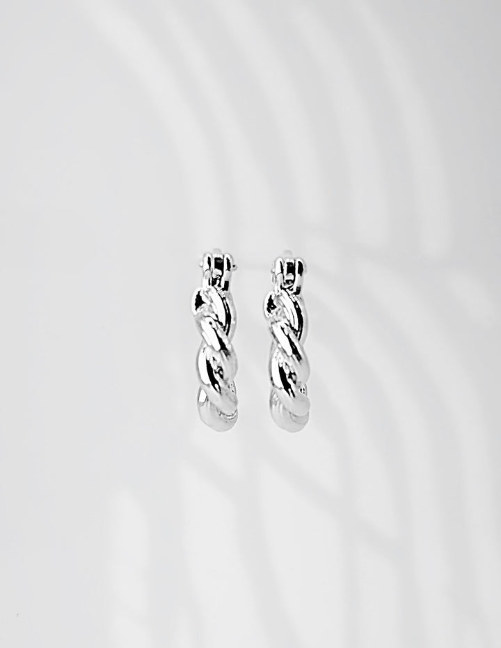 18K Solid Gold Twist Hoop Earrings - White Gold Croissant Huggies | Dainty Huggies