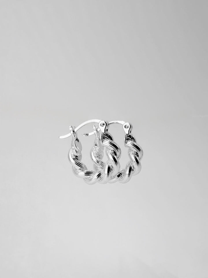 18K Solid Gold Twist Hoop Earrings - White Gold Croissant Huggies | Dainty Huggies