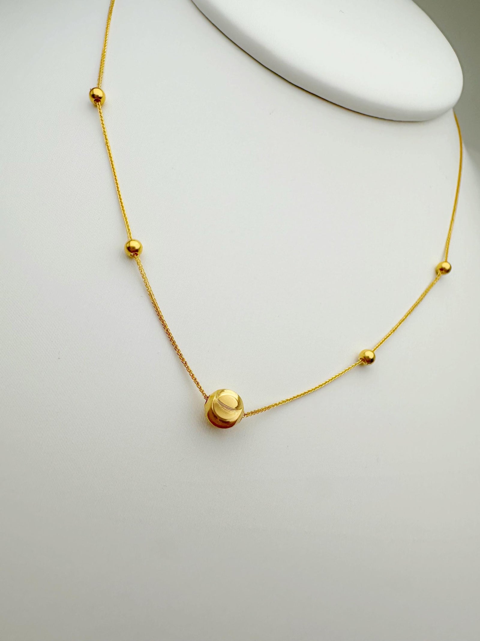 18K Solid Gold Ball Cat Eye Necklace: Dainty Chain