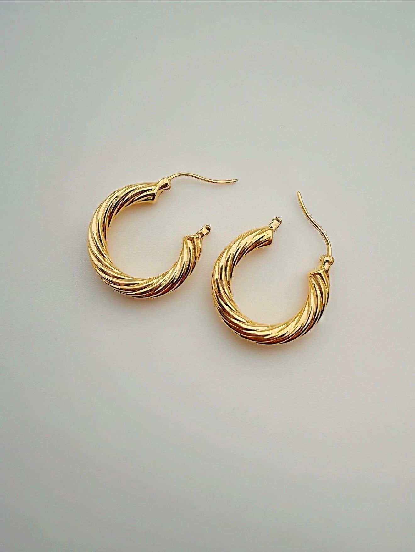 18K Real Gold Twisted Hoop Earrings , Electroform : Elegant Minimal Hoop for everyday