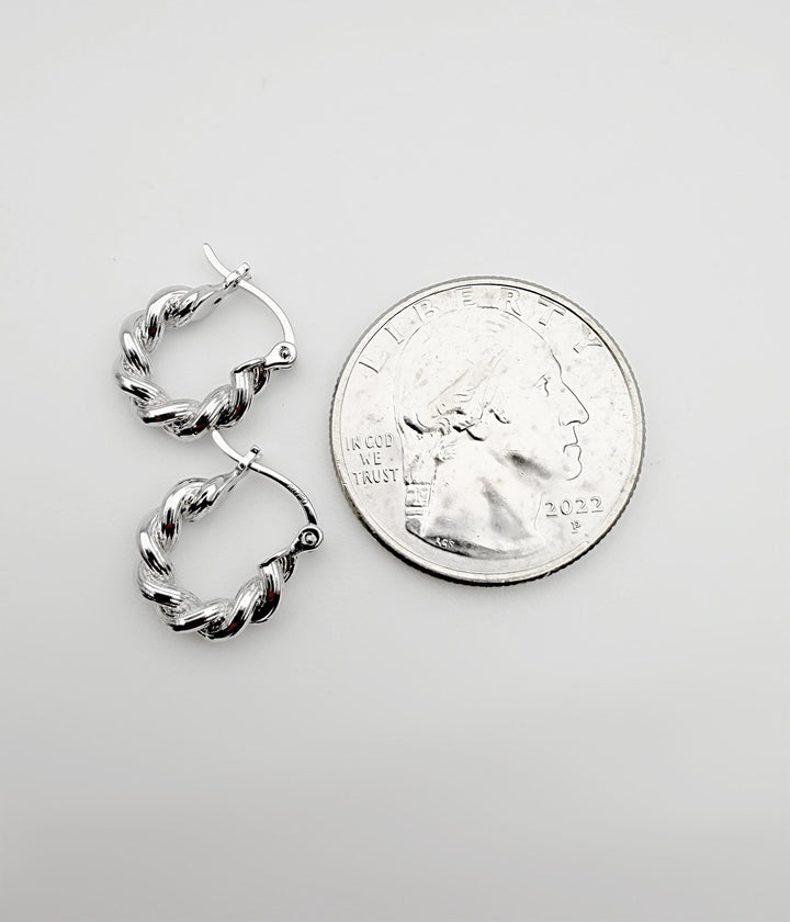 18K Solid Gold Twist Hoop Earrings - White Gold Croissant Huggies | Dainty Huggies