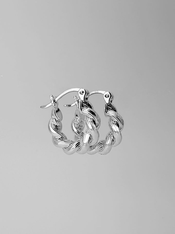 18K Solid Gold Twist Hoop Earrings - White Gold Croissant Huggies | Dainty Huggies