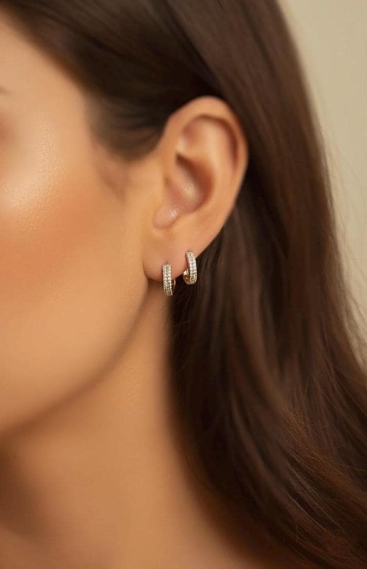 18K Solid Gold Natural Diamond Huggie Earrings 9.2mm : Two-Tone Minimalist