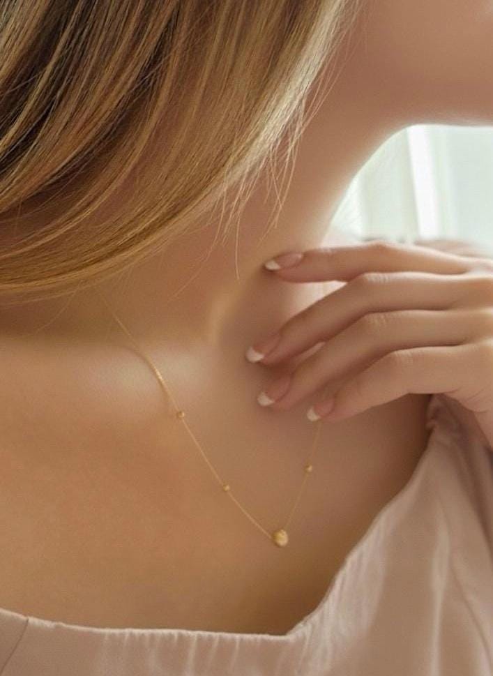 18K Solid Gold Ball Cat Eye Necklace: Dainty Chain