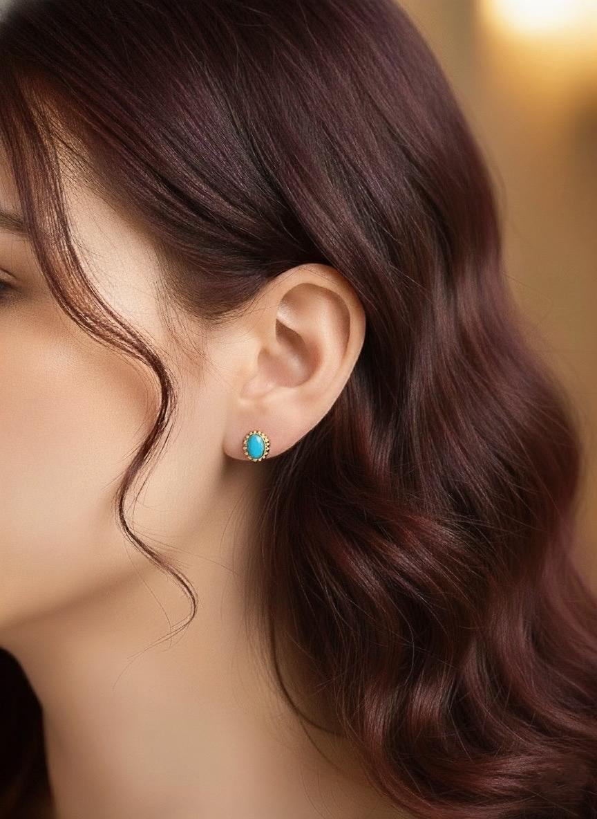 18K Solid Gold Natural Turquoise Oval Stud Earrings
