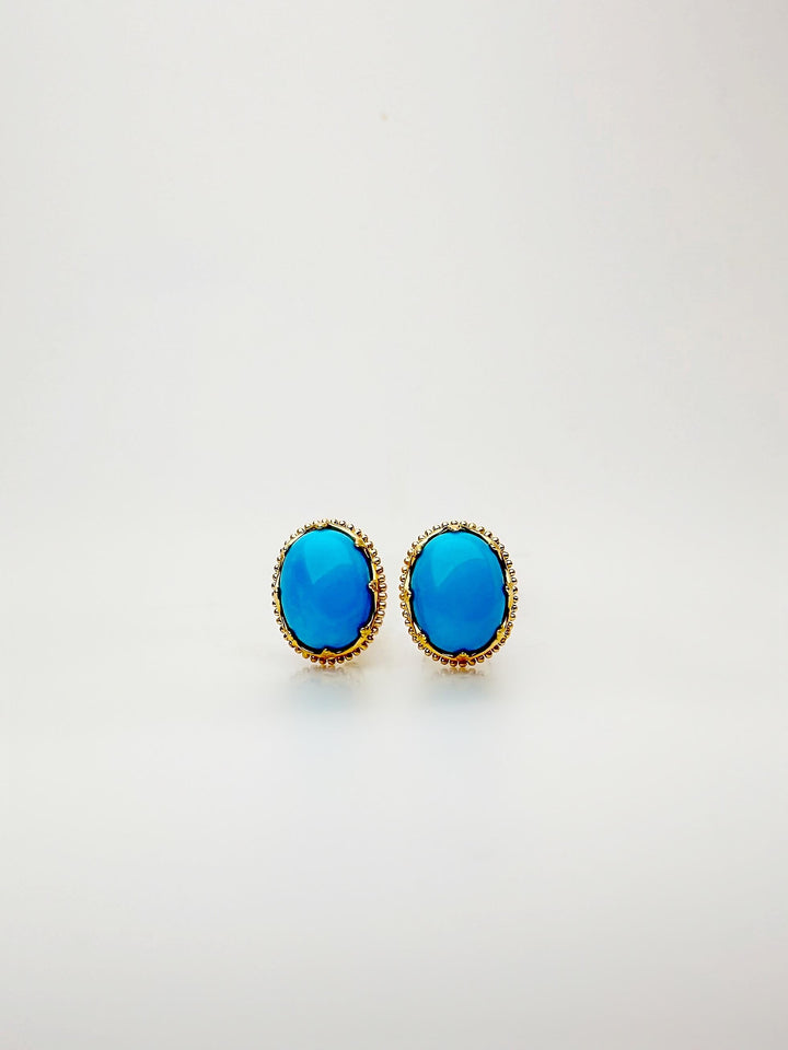 18K Solid Gold Natural Turquoise Oval Stud Earrings