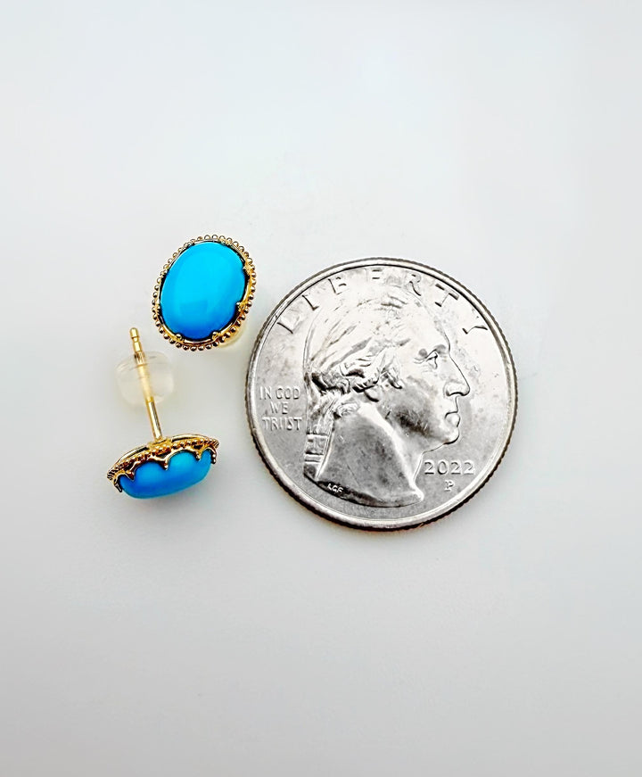 18K Solid Gold Natural Turquoise Oval Stud Earrings
