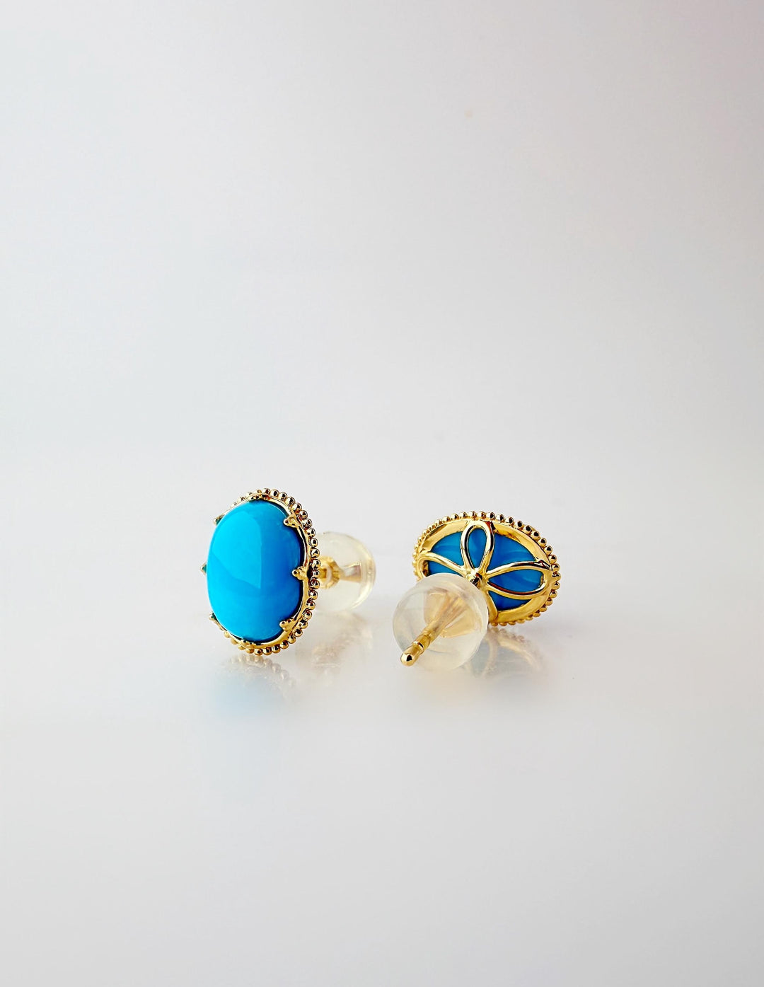 18K Solid Gold Natural Turquoise Oval Stud Earrings