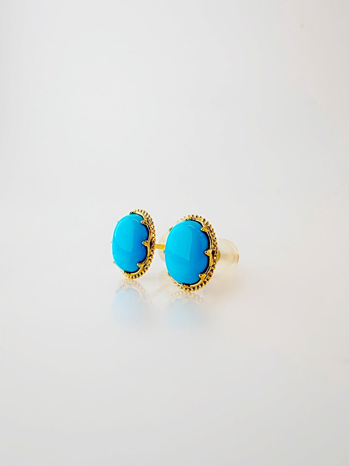 18K Solid Gold Natural Turquoise Oval Stud Earrings