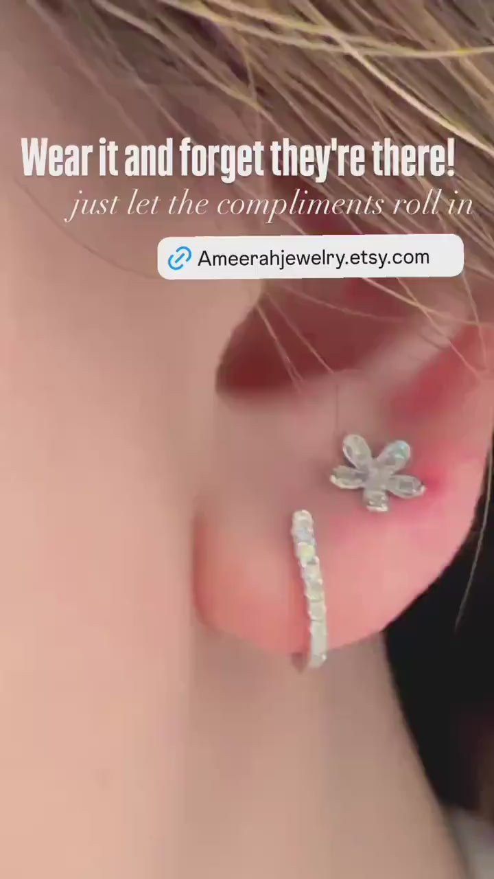 18K Solid Gold Diamond U Hoop Earrings: Minimalist Huggies