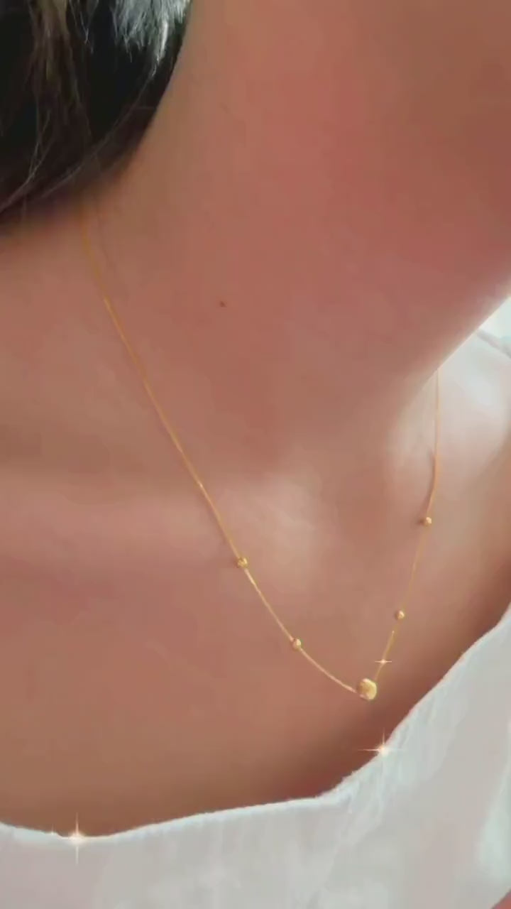 18K Solid Gold Ball Cat Eye Necklace: Dainty Chain